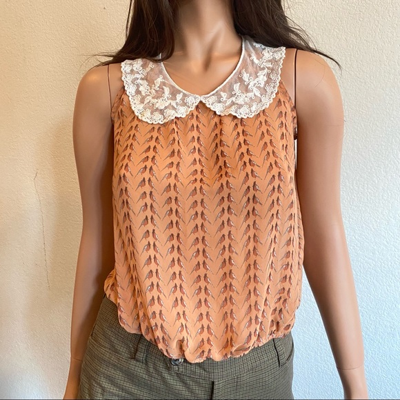 Forever 21 Sleeveless Top w/ Bird Print & Peter Pan Collar Size Small - Picture 3 of 14